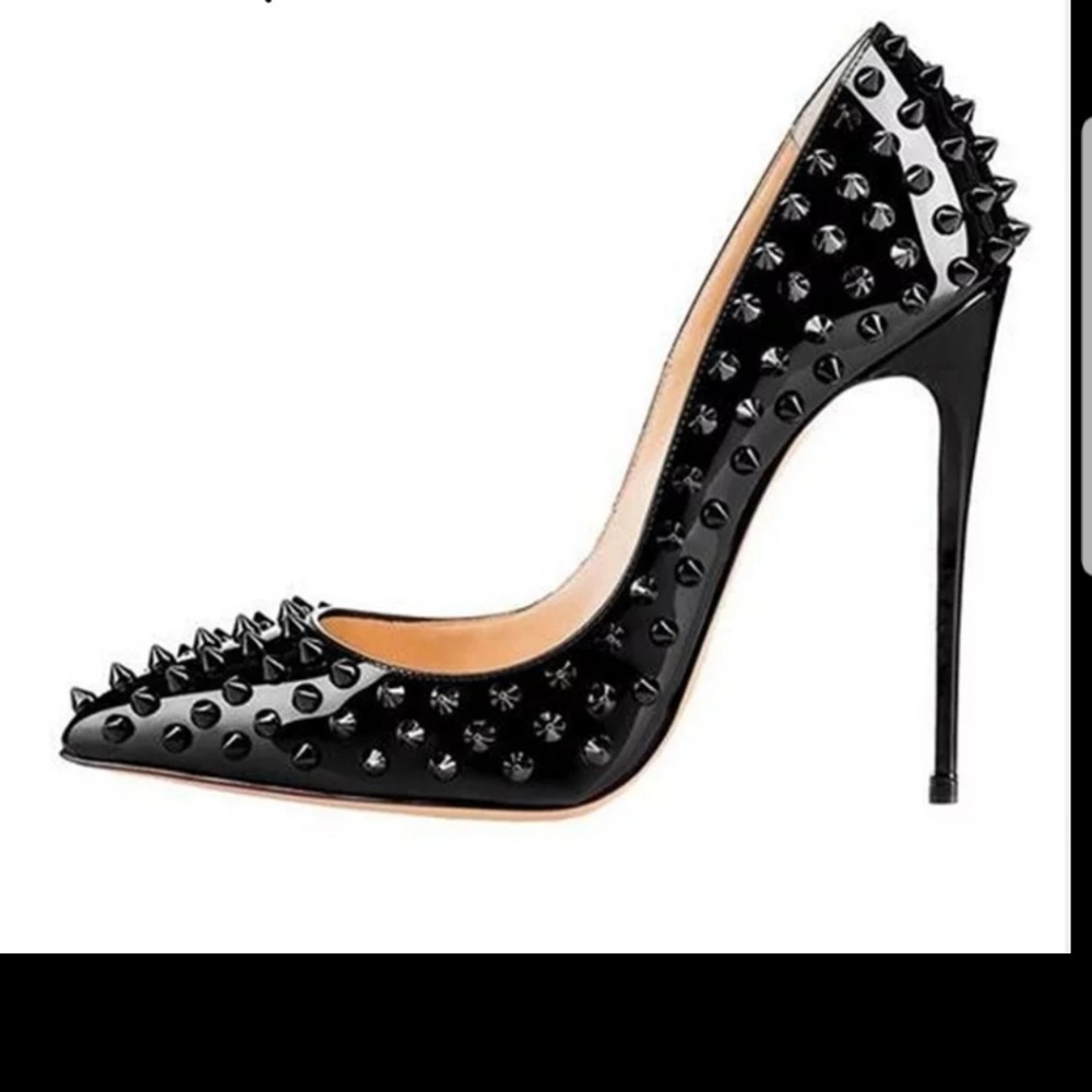 Black patent leather spike pumps